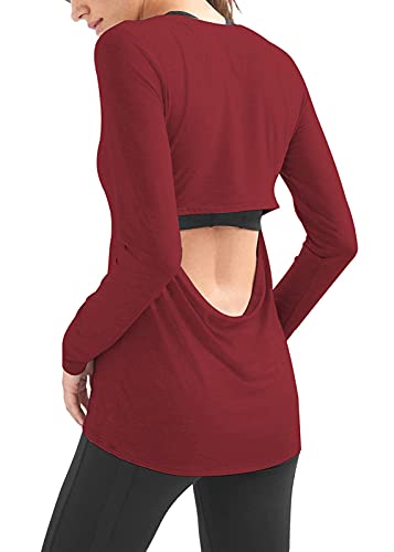 Mippo Open Back Workout Shirts for Women Long Sleeve Yoga Clothing Pilates Athletic Shirt Sexy Dance T-Shirts Gym Activewear Running Tshirts for Women Wine Red XL