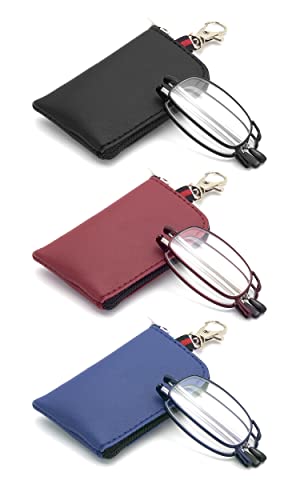 Autojouls Folding Reading Glasses, Key Chain Bag Readers Compact Easy Carry Readers Glasses (3-Pack, Black Blue Red 2.0 x)