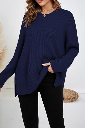 Women's Batwing Long Sleeve Oversized Sweaters Fall Loose Fit Knitted Side Slit Pullover Tops2