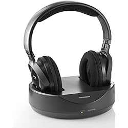 Auriculares Sin Diadema Thomson | Auriculares inalámbricos UHF (Auriculares sin Cable para televisor, Sistema PLL, Alcance 100 m, Jack Stereo 3.5 mm, RCA) Negro