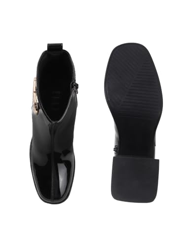 Image of ELLE Women's Glossy Platform Ankle Bootie Chunky Heel with Gold-Tone Emblem