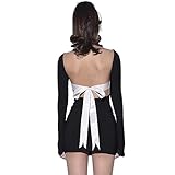 Women Sexy Open Back Mini Dress Long Sleeve Boat Neck Tie Up Bow Backless Bodycon Short Dress Club Party (Bow Black, S)