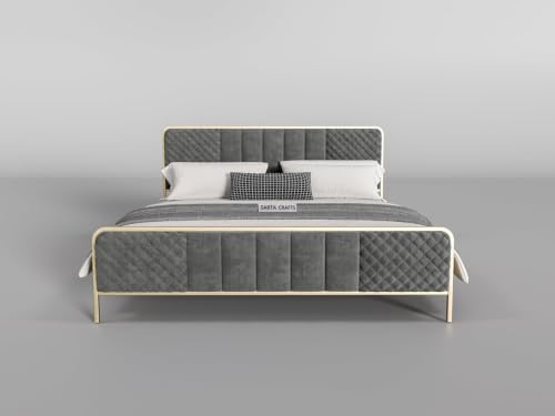 Image of Modern Upholstered Queen Size Bed for Bedroom | Metal Double Bed | Platform Cot Bed with Upholstery Premium Fabric | (6.5 x 5 Ft) | Powder Coated Bed | Grey