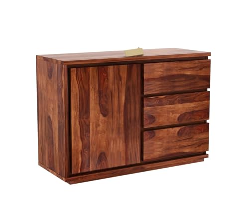Image of Solid Sheesham Wood Natural Finish 3 Drawer & 1 Door Chest Cabinet Storage Organizer Sideboard Console Cupboard Kitchen Buffet Unit Home Furniture for Office Living Bed & Dining Room