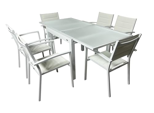 MOMMAHOME® Set Mesa Extensible y 6 sillas terraza, Conjunto Muebles Jardín Exterior 7 Piezas, Estructura de Aluminio, Mesa y Sillas Terraza Impermeables, Resistentes a Exterior (Blanco)