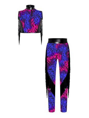 YEAHDOR Girls Hip Hop Jazz Dance Outfits Zebra Print Metallic Crop Tops and Skinny Leggings Athletic Outfits Black 16 Years3