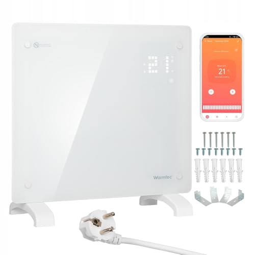 WARMTEC Convector Radiador Eléctrico 1000W | Calefactor de cristal con control WiFi, temporizador, pantalla LCD y programa semanal | Radiador Bajo Consumo de pie o de pared | Blanco