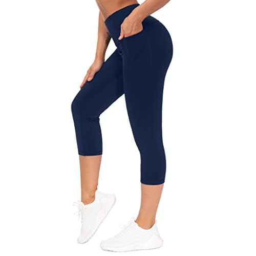THE GYM PEOPLE Women's High Waist Tummy Control Capris Leggings 18" Inseam Large Navy Blue