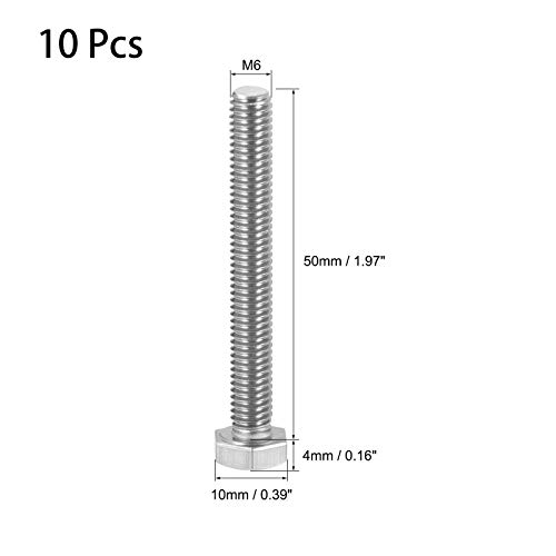 Image of 10 Pcs M6 Hex Bolt M6-1 x 50mm UNC Hex Head Screw Bolts A2-70(304) Stainless Steel Fully Threaded Hex Tap Bolts,Plain Finish,Fully Threaded (M6 x 50mm)