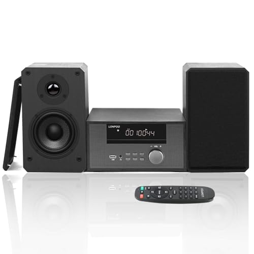 Home CD Stereo Shelf System,100W Hi-Fi Bookshelf Speskers System (with CD Player, FM Radio, Bluetooth 5.3, USB Playback, AUX-in, Headphone Jack, Remote Control, DSP-Tech