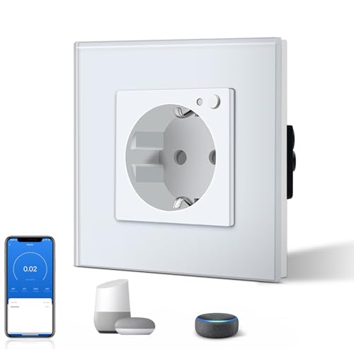 BSEED Schuko Wifi Steckdose Unterputz mit Energieüberwachung 16A Smart Alexa Glassteckdose, APP-Steuerung Arbeit mit Alexa/Google Home Stromverbrauch messen, Zeitpläne, Timer, Nur 2.4 GHz Weiß