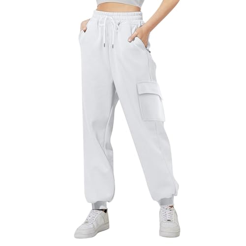 Girls Baggy Cargo Sweatpants Wide Leg High Waist Loose Athletic Kids Joggers Fall Hiking Running (White, 7-8 Years)