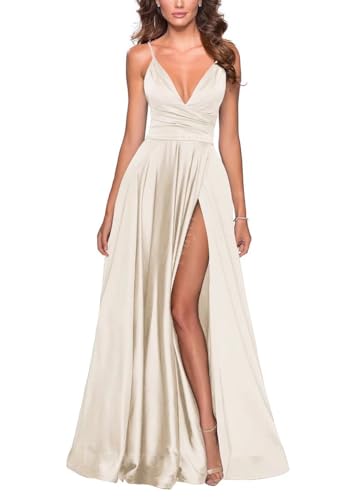 Image of Tvuyet Satin Bridesmaid Dresses with Slit Pleated A Line Spaghetti Straps Formal Prom Evening Gowns