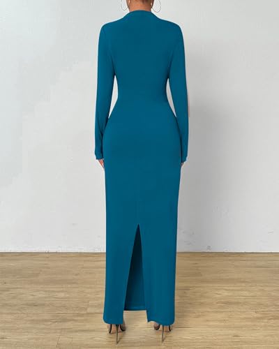 Image of BTFBM Women Bodycon Maxi Dress Long Sleeve Back Slit Ruched Elegant Party Cocktail Formal Fall Wedding Guest Dresses