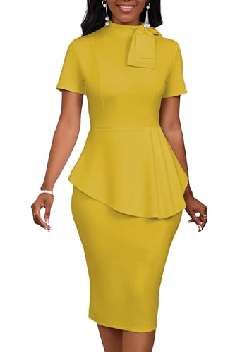 Image of PerZeal Women's Fashion Peplum Bodycon Short Sleeve Work Dresses Bow Club Ruffle Pencil Formal Cocktail Dress