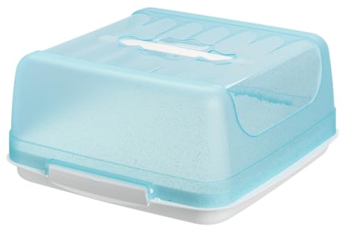 Engelland Caja de transporte para tartas cuadrada con asa, tapa y cierre de doble clic, color turquesa/blanco, 27,5 x 26,5 x 12,5 cm, sin BPA, para tartas