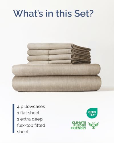 Image of Extra Deep Flex Top Split Head King Sheet Set - 6 Piece Breathable and Cooling Sheets - Hotel Luxury Bedding for Women, Men, Kids & Teens - Easy Secure Fit - Extra Deep Pockets - Heathered Beige