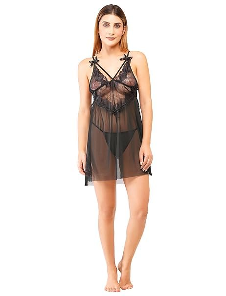 Women's Sheer Babydoll Lingerie – Black Lace Nightwear with Satin Bow Straps | Sexy Transparent Sleepwear for Women (Free Size - S to L)-image-29