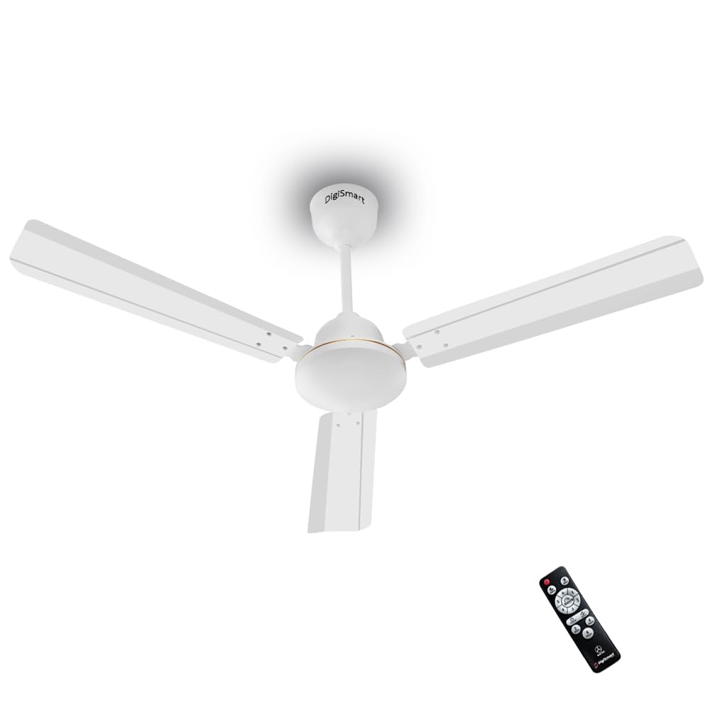 DIGISMART Storm BLDC 1200 MM Ceiling Fan with Remote, 28W Energy Efficient, 225 CMM Air Delivery, 65% Power Saving, Low Noise, Reverse Mode, Smart Memory, 3 Blade Ceiling Fan 5 Year Warranty (White)