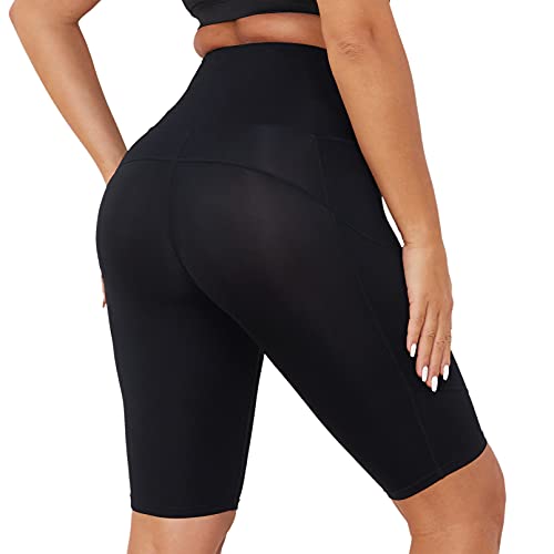 COOLOMG Damen Kurze Laufhose Yoga Shorts mit Taschen Radlerhose Sporthose Gym Fitness Workout Schwarz XL Cover