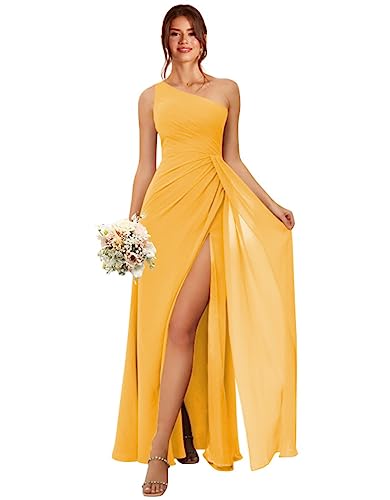 Robe de mariage jaune moutarde longue en mousseline pour un cortège champêtre et chic en été