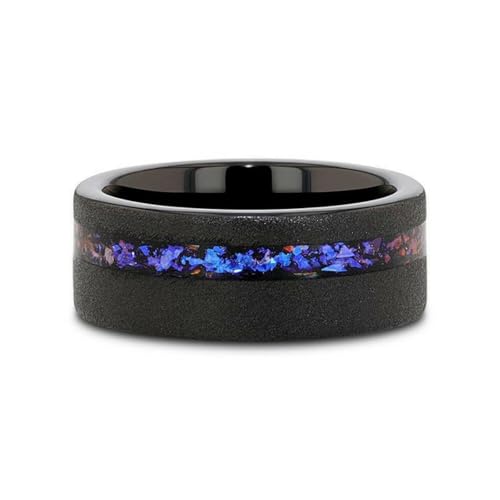 Thorsten Mens Sandblasted Black Tungsten Crushed Alexandrite and Dark Blue & Purple Crushed Goldstone Wedding Ring - 8mm Wide - Style Name: Mirage3