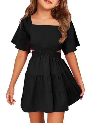 Batermoon Girls Summer Dress Square Neck Short Sleeve Crossover Waist Casual A-line Mini Dress