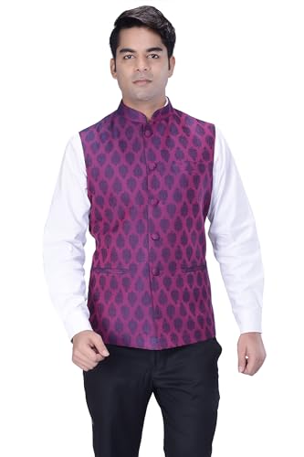 Image of KISAH Men's Nehru Jacket, Magenta Silk Blend, Jacquard Regular Fit Mandarin Collar Long Sleeves (38)