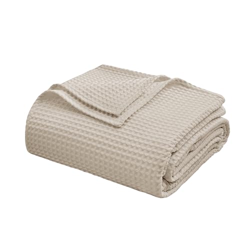 100% Egyptian Cotton Waffle Weave Throw Blanket for Bed Couch Sofa Home Decor, Soft Lightweight Bed & Couch Blanket for All Seasons (Light Khaki - King Size - 104 * 90