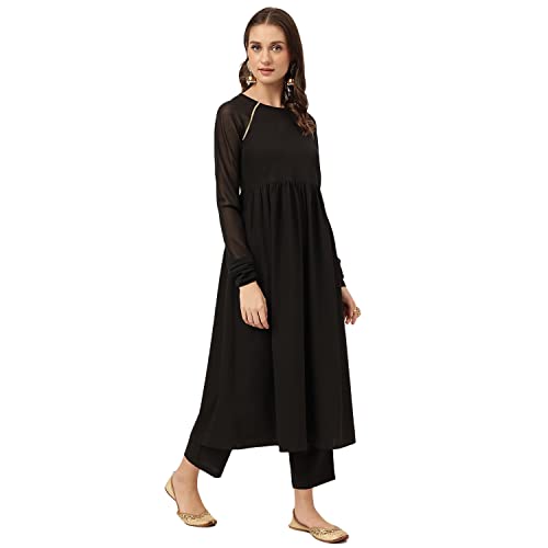 Image of FIORRA Women's Black Poly Crepe A-line Kurta with Pant and Dupatta