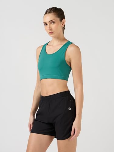 Image of TECHNOSPORT Women's Solid Slim Fit Scoop Neck Sports Bra ELASTOPLUS 4-Way Stretch Sleeveless Polyester Quick Dry UPF50+ for Gym Yoga Running