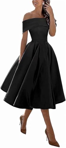 Image of Knee-Length Satin Off Shoulder Homecoming Dress Short Prom Cocktail Party Dress for Junior