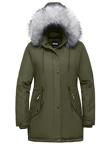 Soularge Women's Plus Size Winter Quilted Waterproof Coat with Detachable fur Hood (Army green, 1X)