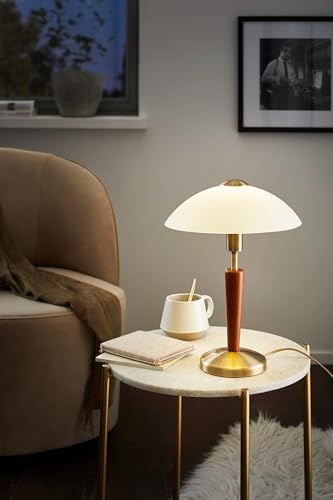 Eglo Solo 1, Lampada Da Tavolo A 1 Luce, Materiale: Acciaio, Legno, Colore: Brunito, Noce, Vetro: Bianco Satinato, Attacco: E14, Incluso Dimmer Touch A Sfioramento - 3