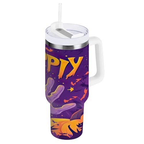 SKYSHU Vaso de calabaza de Halloween de 30 onzas con asa, botella de agua deportiva aislada al vacío de acero inoxidable, taza de café de viaje a prueba de fugas con tapa y popote para agua, té helado