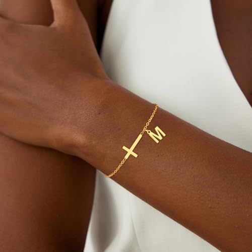 Initial Braclets for Girls Women - Teen Girls Gifts Trendy Stuff 18K Gold Plated Cross Initial Letter Bracelets Dainty A - Z Letter Bracelet Birthday Gifts for Girl Women Age 5-164
