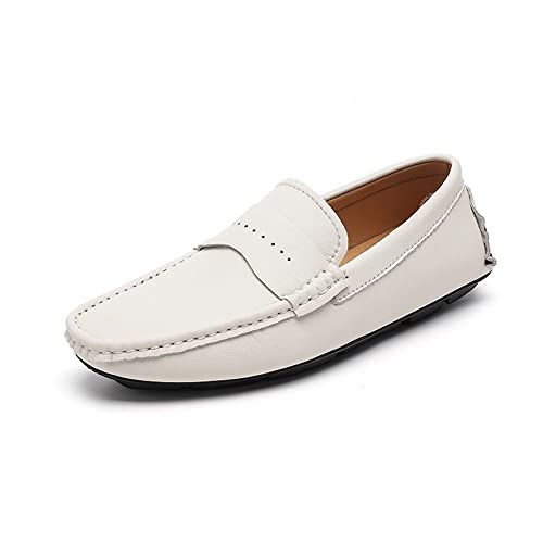 Men's Loafers Shoes Round Toe Penny Loafers Simple Leather Anti-Slip Resistant Lightweight Wedding Classic Slip On(White,10 M US)2