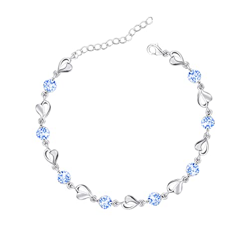 Image of Luckimoli Silver Bracelet for Women,925 Silver Heart Bracelet Shiny Crystal Diamond Adjustable Bracelet Mother's Day Jewelry Gift Birthday Christmas Gifts for Women Mom Wife Girls, Blue