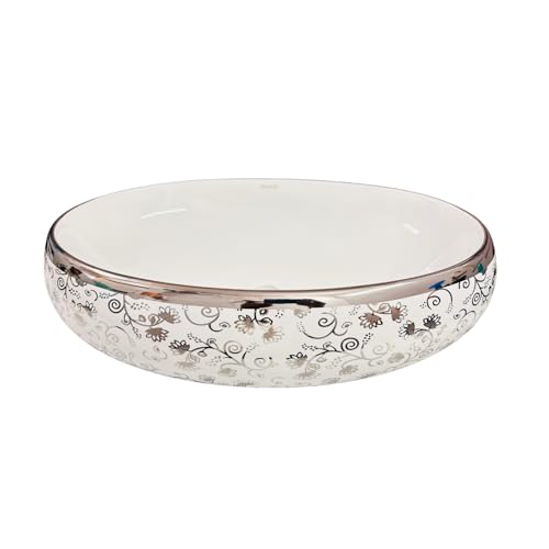 Image of Wallace Oval Table Top Wash Basin 60x40x15 cm | Premium Ceramic Countertop Vessel Sink with Silver Floral Design | Over Counter Designer Bathroom Basin