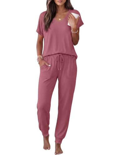 Image of Ekouaer Pajamas for Women Set Short Sleeve Lounge Set Jogger Pants Pjs Soft Sleepwear with Pockets S-XXL
