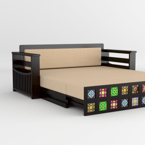 Image of Solid Sheesham Wood Sofa Cums Bed with Mattress & Storage | Rosewood Convertible Sofa Bed for Living Room & Bedroom (Tile-Walnut Finish, 3 Seater)