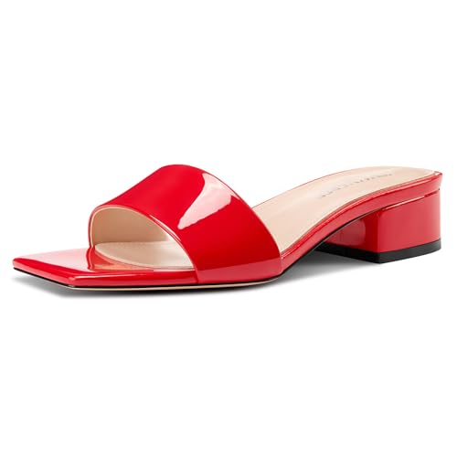 Image of TNYNFBEB Womens Chunky Block Low Heel Open Square Toe Sandals Mules Shoes Slip-on Prom Party Dress Patent Leather 1.4 Inches Heels