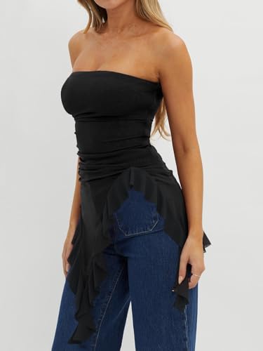 Imily Bela Womens Asymmetrical Tube Top Strapless Ruffle Hem Slim Fitted Shirts Y2K Going Out Tops2