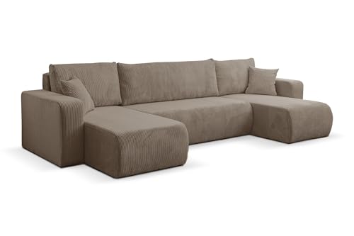 VENASI MÖBEL Canapé d'angle avec fonction lit et tiroir de rangement Luna Forme U Canapé d'angle convertible (Marron)