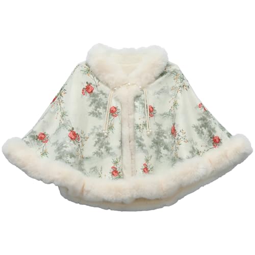 FEESHOW Women Fuzzy Shawls Wraps Chinese Style Wedding Bridal Cape Cloak with Faux Pearls Button