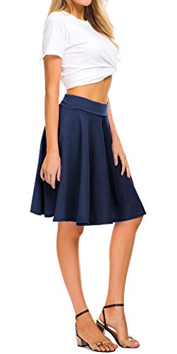 Image of EXCHIC Women's Casual Stretchy Flared Mini Skater Skirt Basic A-Line Pleated Midi Skirt