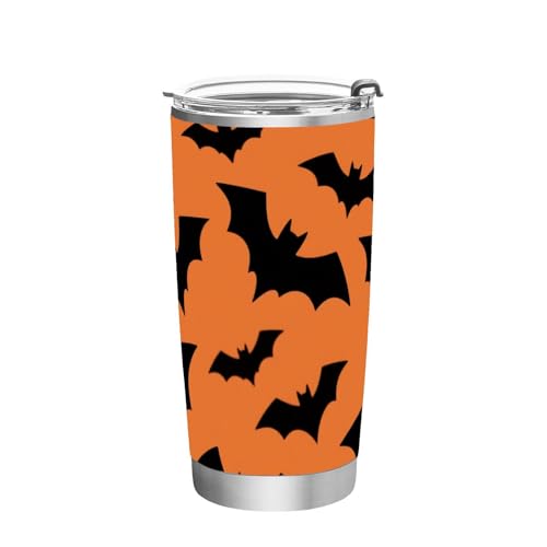 siphylline Botella de agua de acero inoxidable con diseño de murciélago de Halloween, negro y naranja, tapa a prueba de fugas, taza de viaje de café de 20 onzas para gimnasio, vaso estético de 20