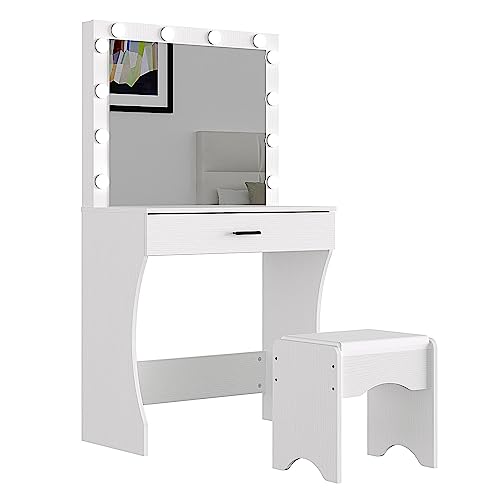 Image of Vanity Desk with Mirror and Adjustable Lights, One Drawer Storage Makeup Table with Stool - Vanity Set for Bedroom (White)