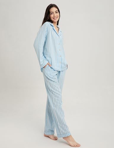 Image of Womens Muslin Pajama Set 100% Cotton Double Gauze Linen Like | Breathable Soft Comfort Button Up Loungewear Sleepwear PJ Set