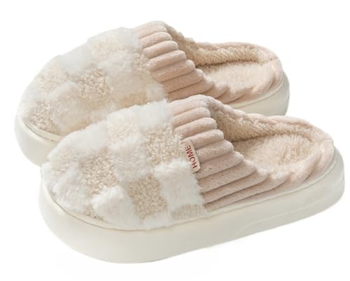 Checkered Slipper Checkered Slippers for Women Men Warm Flyffy Plush Bedroom Slippers Indoor Slip On